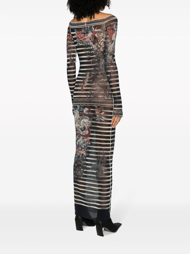 Blue Tattoo-print Striped Dress