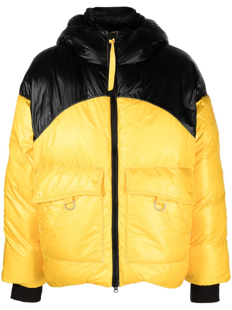X Pyer Moss Yellow Cg Disc Puffer 001 Hooded Quilted Jacket