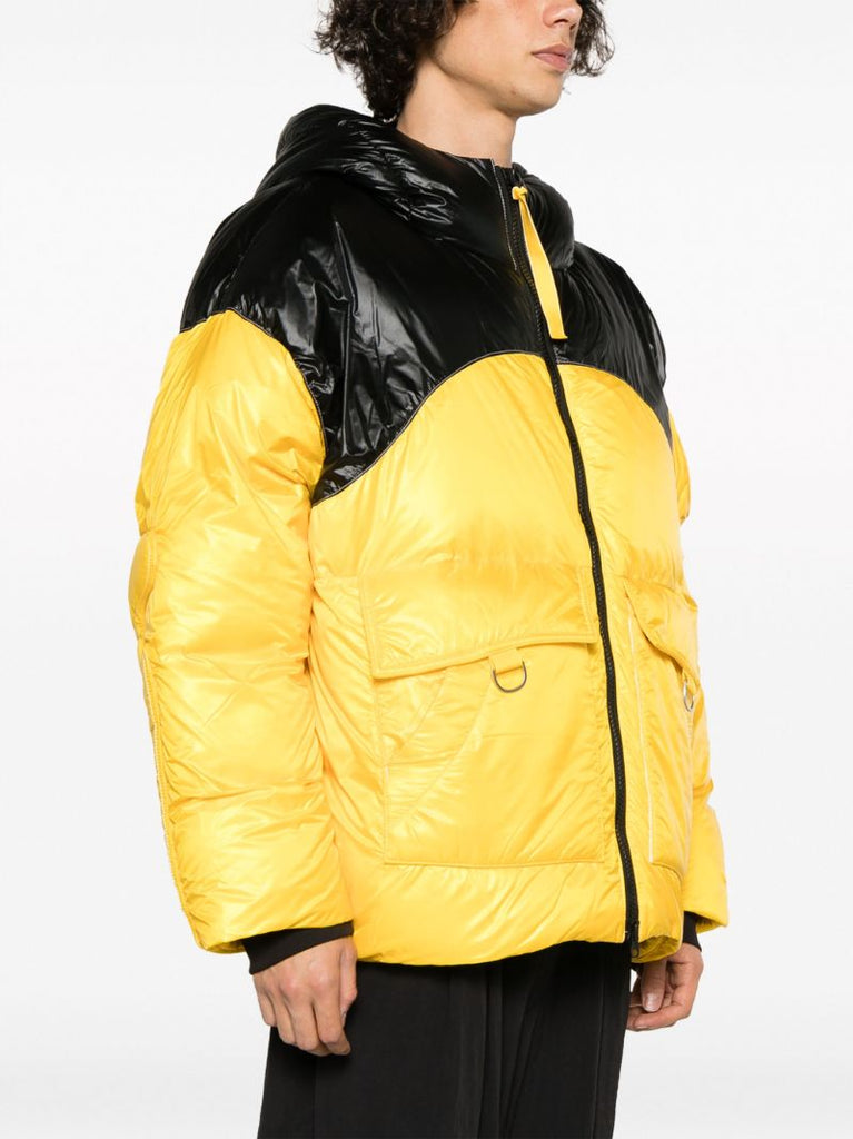X Pyer Moss Yellow Cg Disc Puffer 001 Hooded Quilted Jacket