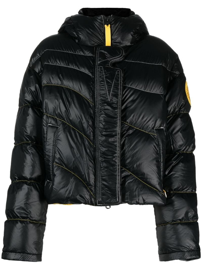 X Pyer Moss Black Crop Wave Puffer 001 Hooded Quilted Jacket