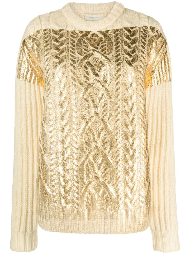 Neutral Painted Foil Cable-knit Wool Sweater
