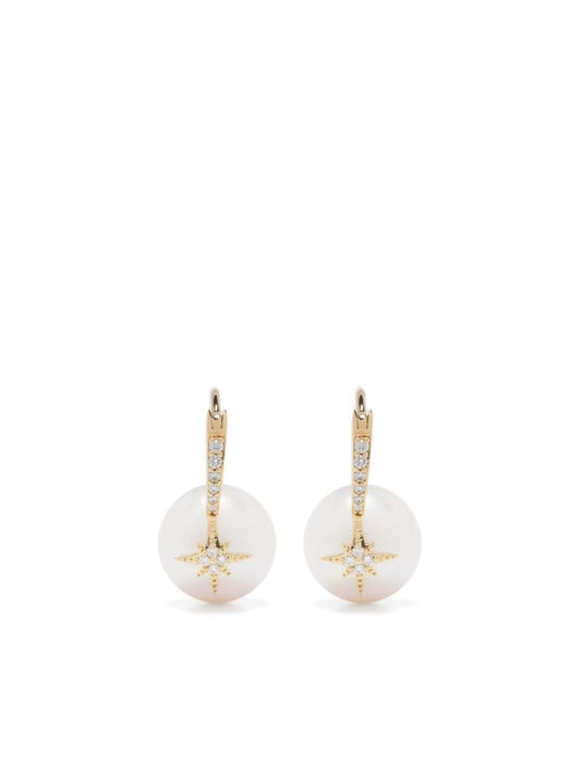 14k Yellow Gold Starburst Pearl and Diamond Drop Earrings