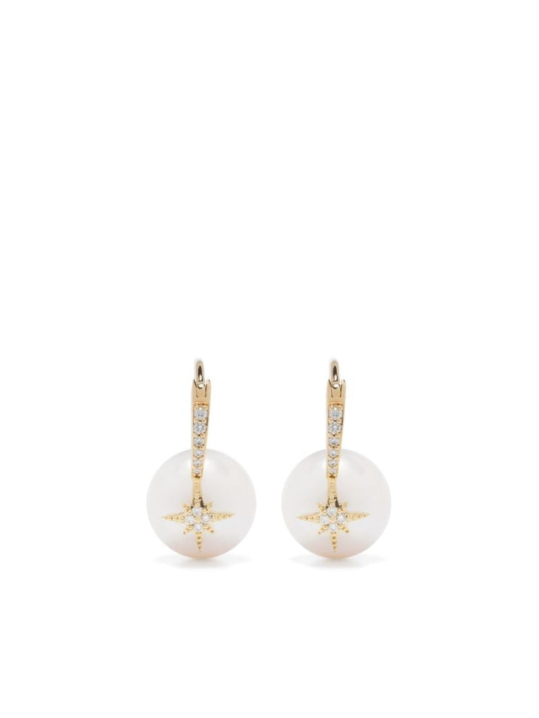 14k Yellow Gold Starburst Pearl and Diamond Drop Earrings