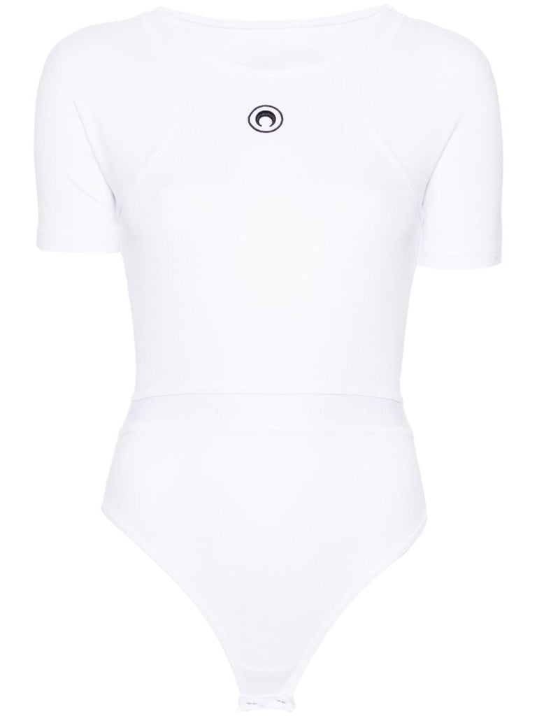 White Moon-embroidered Bodysuit