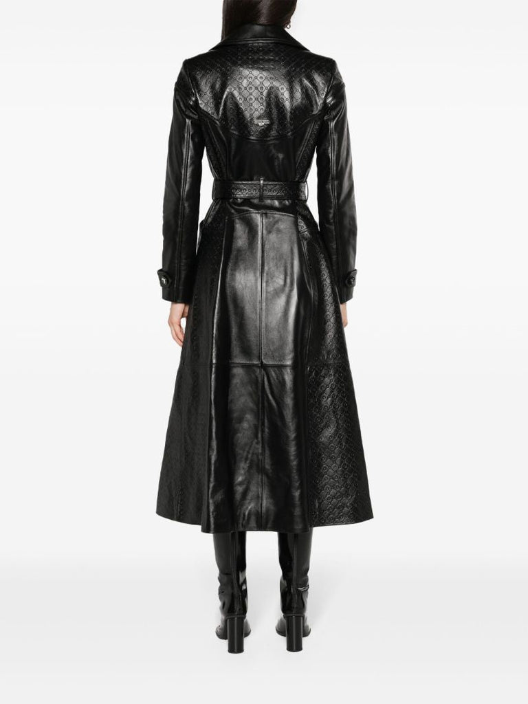 Black Moonogram-embossed Leather Trench Coat