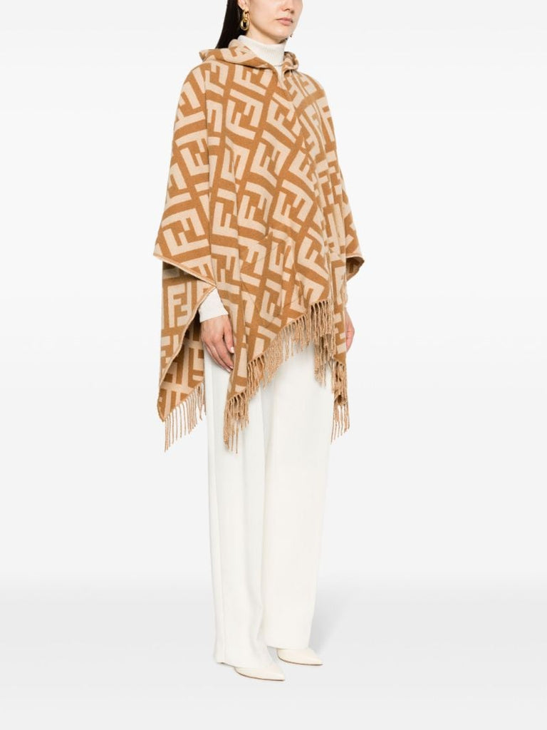 Brown Ff Logo Fringed Cashmere Poncho
