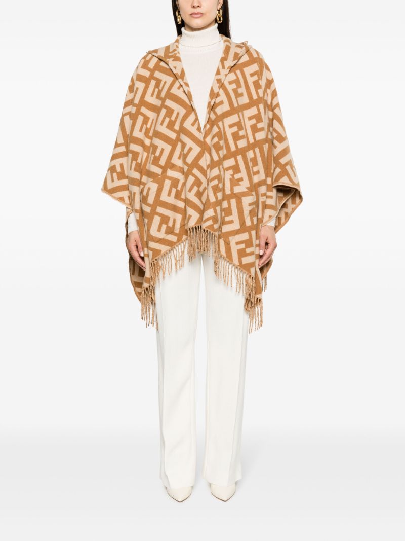 Brown Ff Logo Fringed Cashmere Poncho