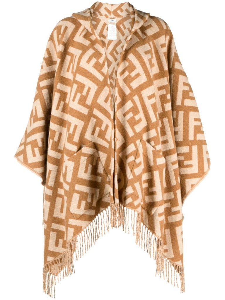 Brown Ff Logo Fringed Cashmere Poncho
