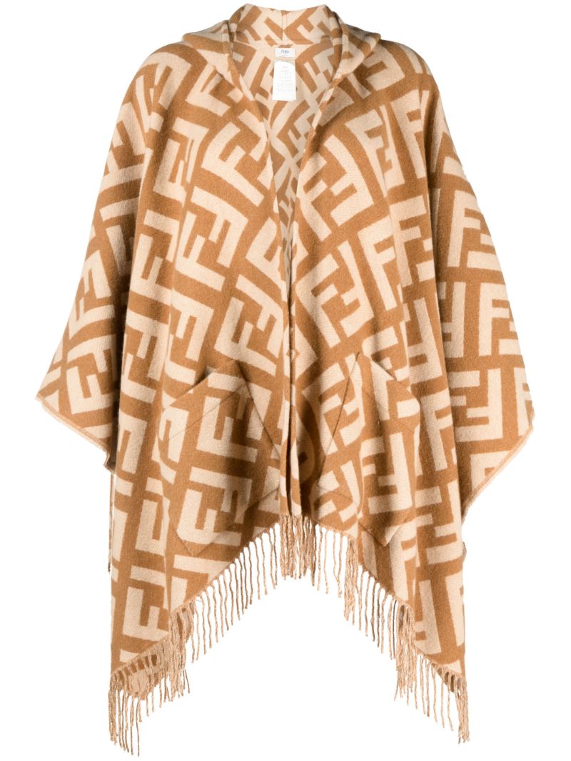 Brown Ff Logo Fringed Cashmere Poncho