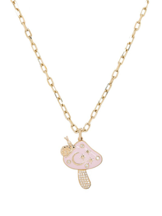 14k Gold Celestial Mushroom Charm Diamond Necklace