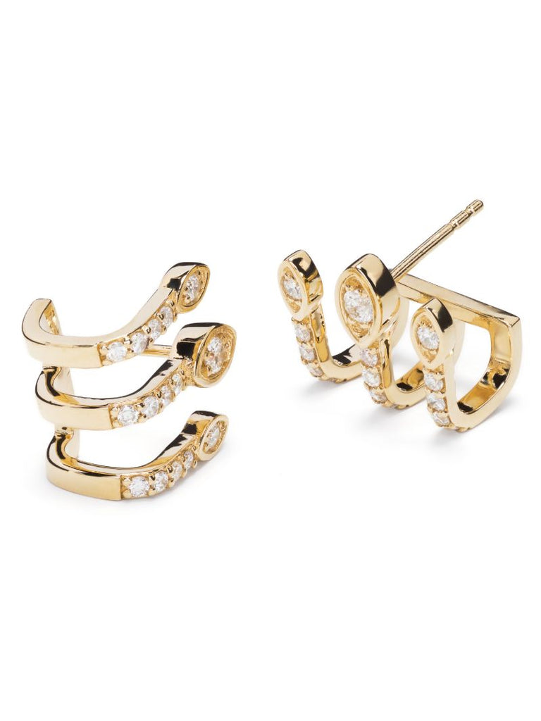 14k Yellow Gold Triple Bar Diamond Stud Earrings