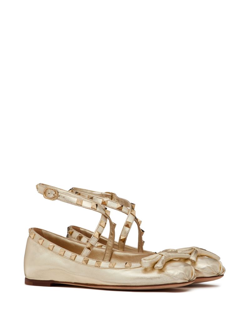 Gold Rockstud Leather Ballet Pumps