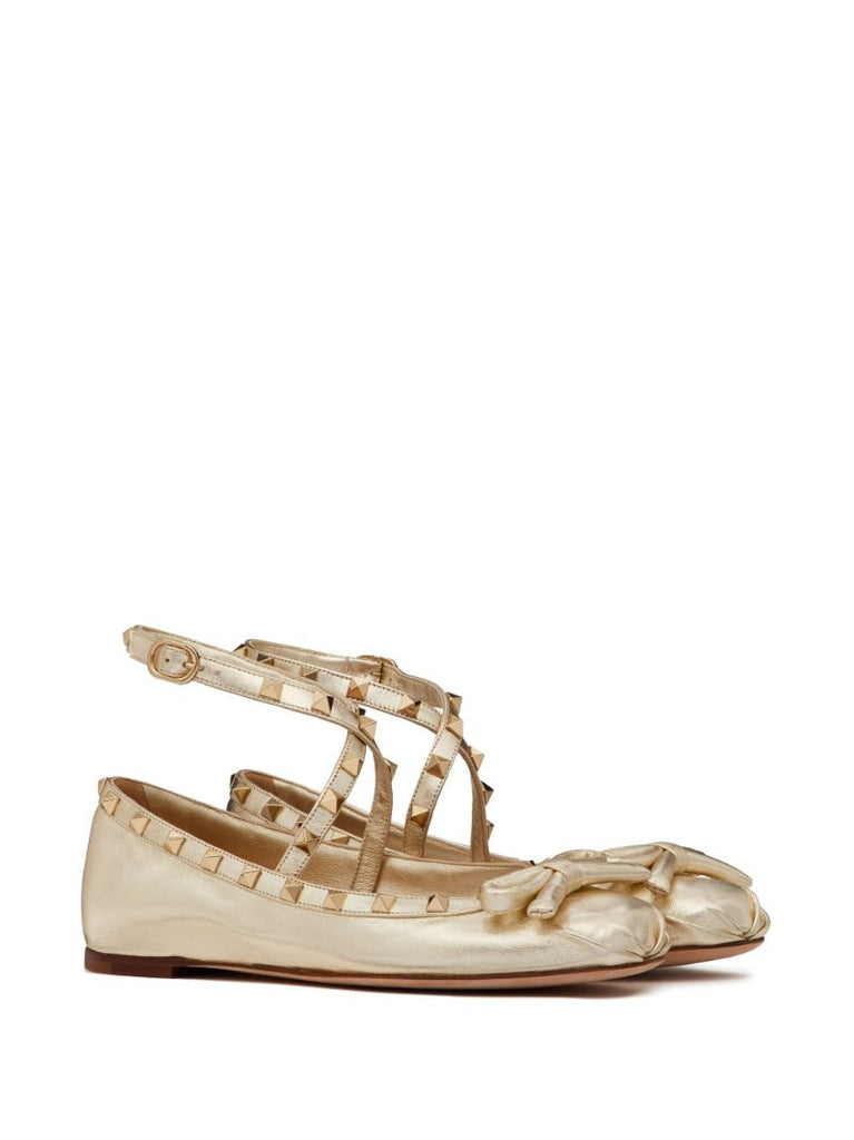 Gold Rockstud Leather Ballet Pumps