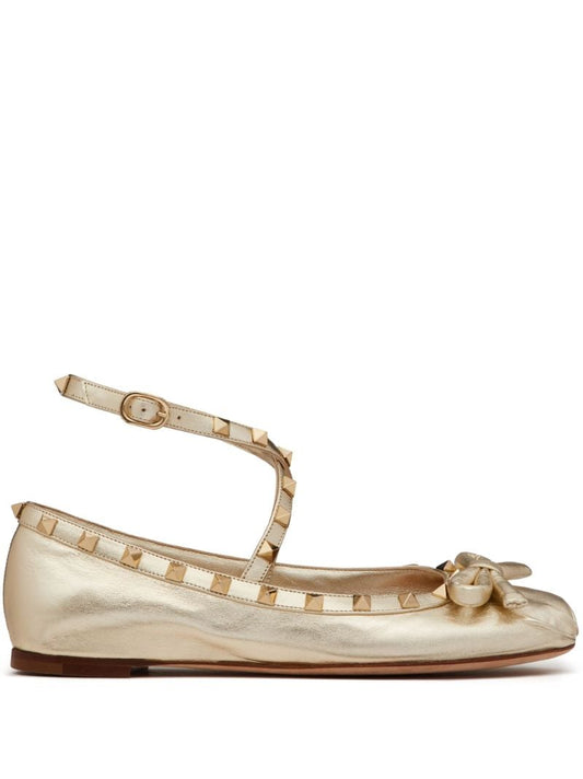 Gold Rockstud Leather Ballet Pumps