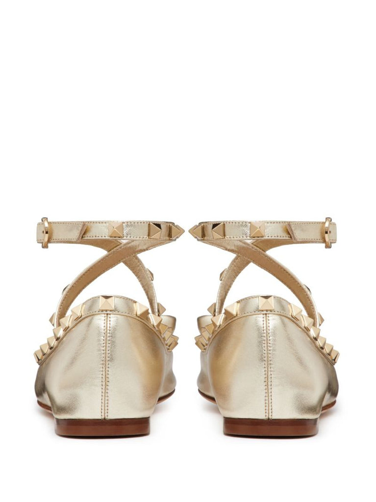 Gold Rockstud Leather Ballet Pumps
