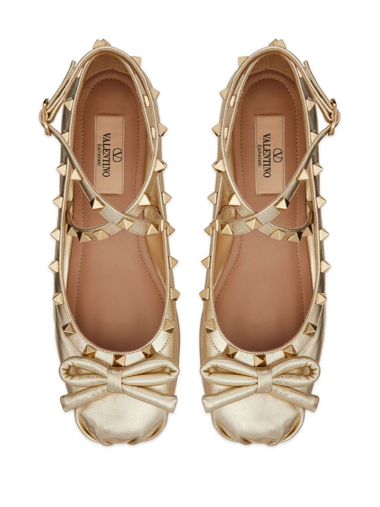 Gold Rockstud Leather Ballet Pumps