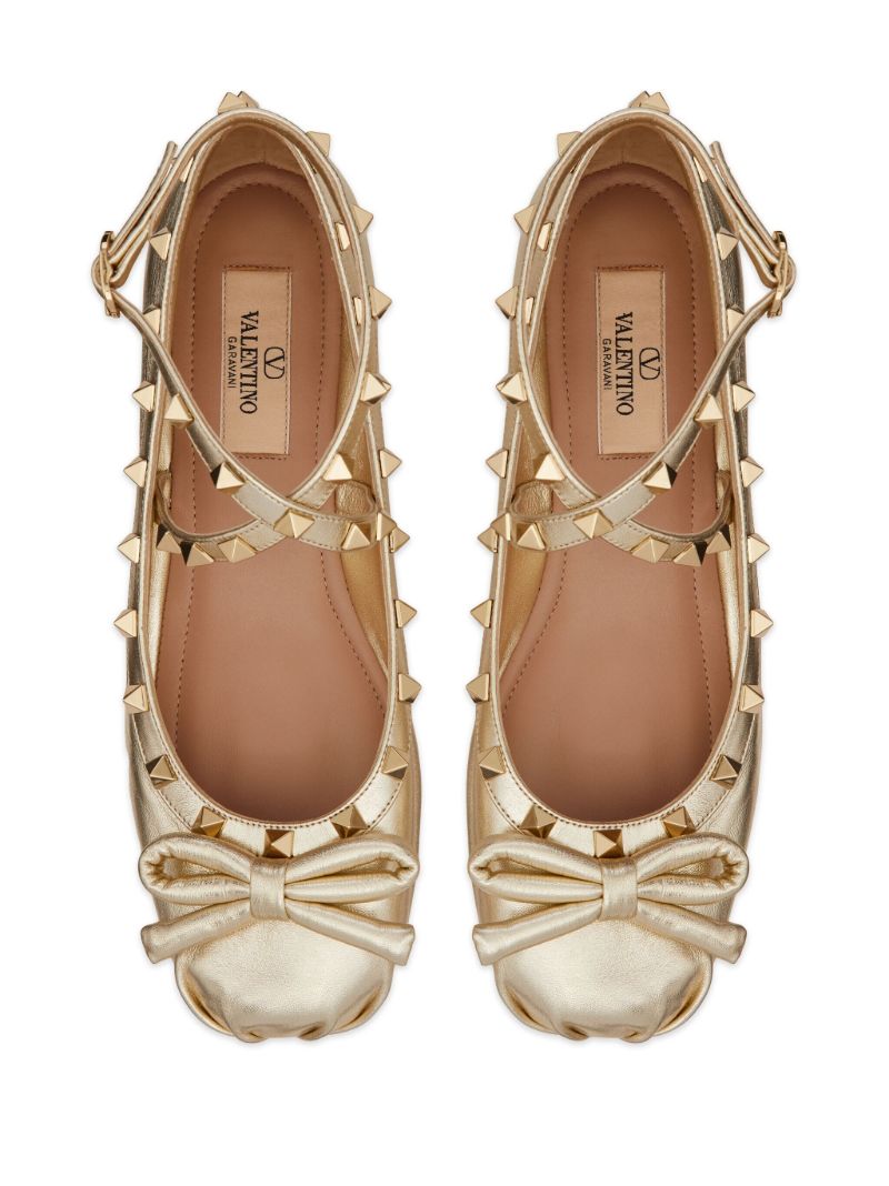 Gold Rockstud Leather Ballet Pumps