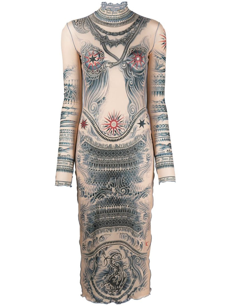 Neutral Tattoo-print Dress