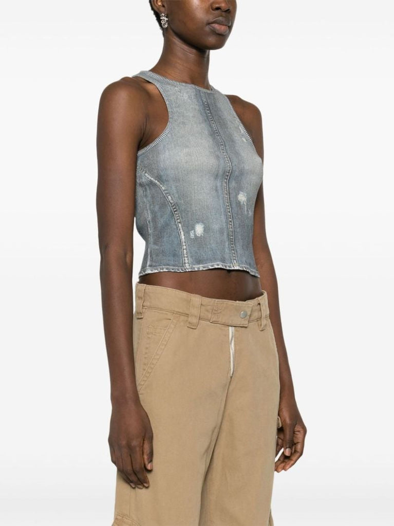 Blue Distressed Denim-effect Cotton Top