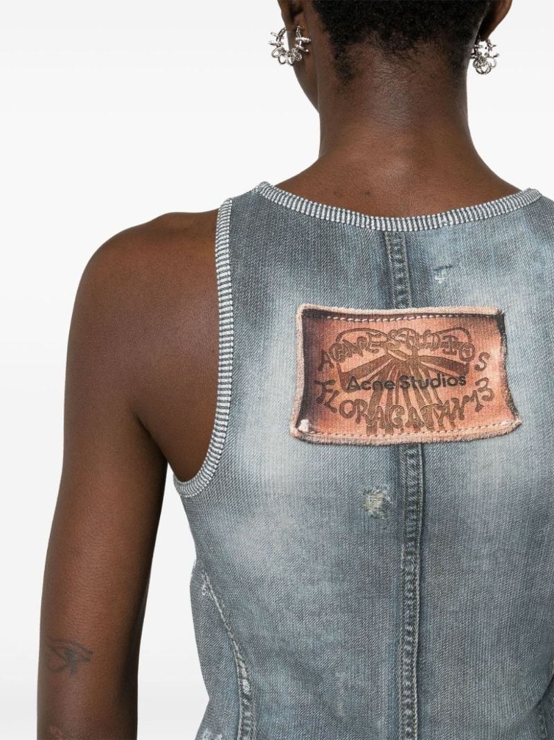 Blue Distressed Denim-effect Cotton Top