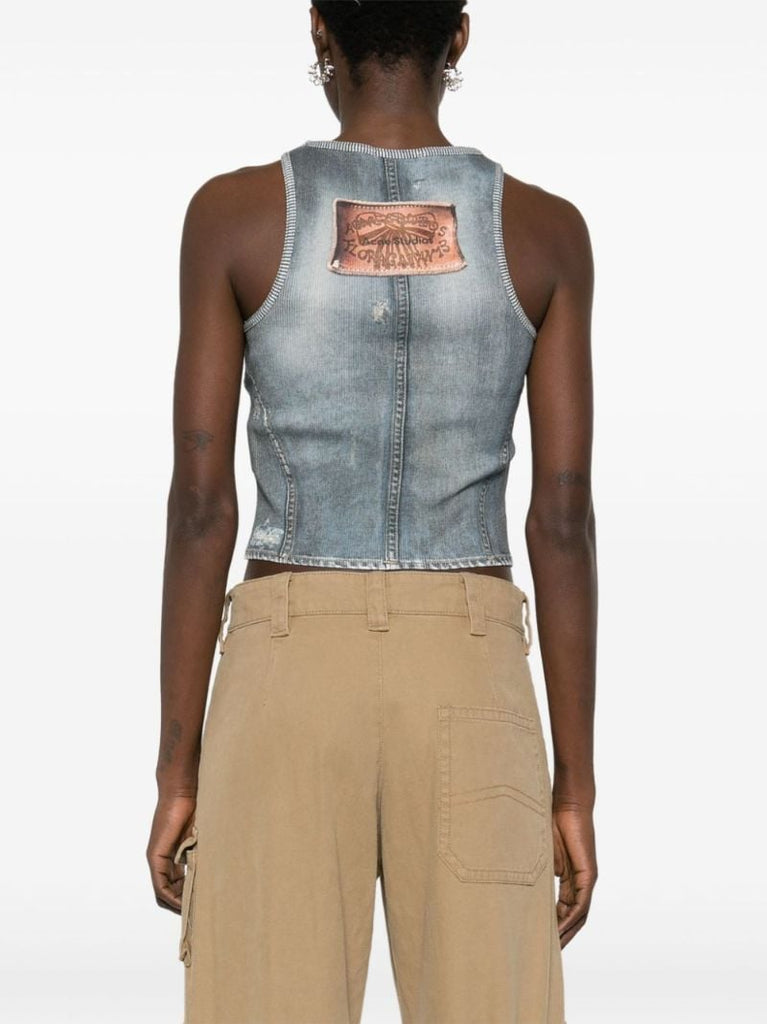Blue Distressed Denim-effect Cotton Top