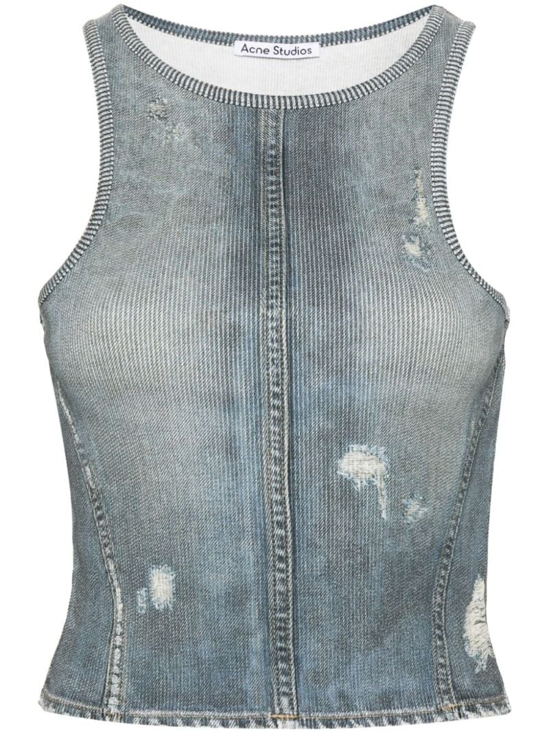 Blue Distressed Denim-effect Cotton Top