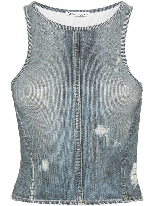 Blue Distressed Denim-effect Cotton Top
