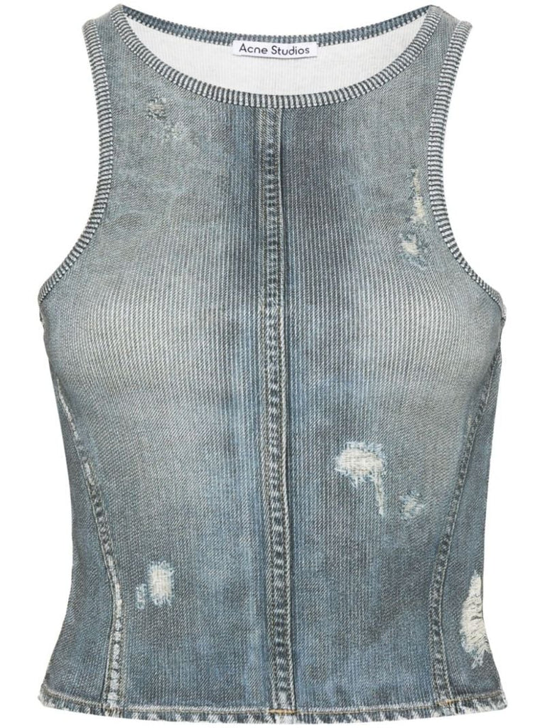 Blue Distressed Denim-effect Cotton Top