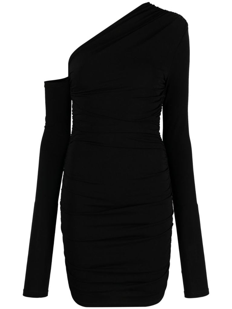 Black One-shoulder Ruched Mini Dress