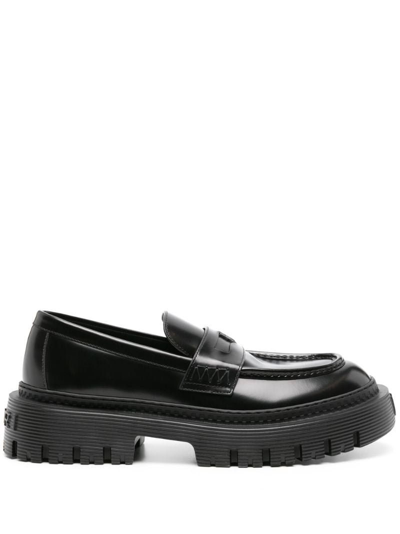 Black Chunky Lug Sole Leather Loafers