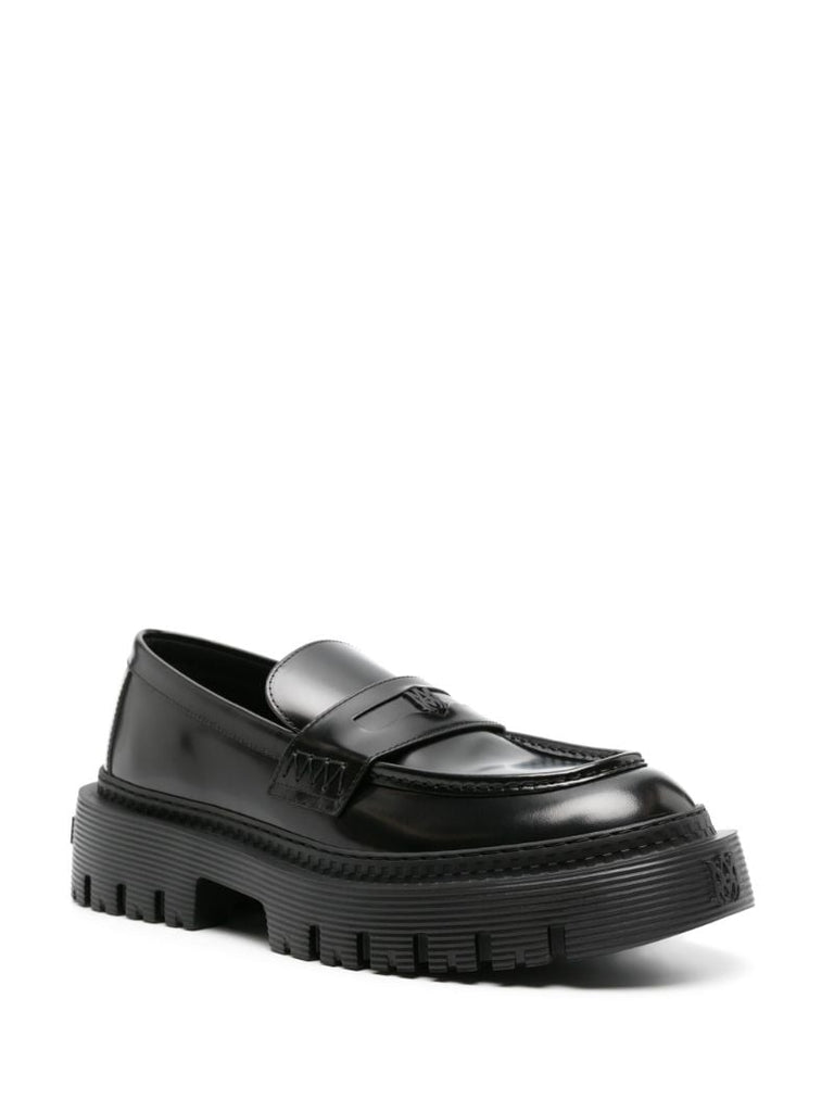 Black Chunky Lug Sole Leather Loafers