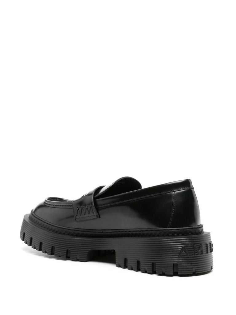 Black Chunky Lug Sole Leather Loafers