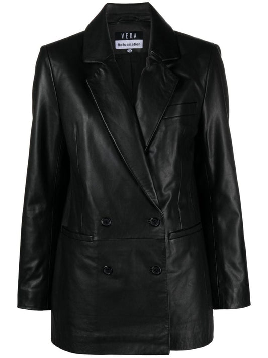Black Veda Dalia Double-breasted Leather Blazer