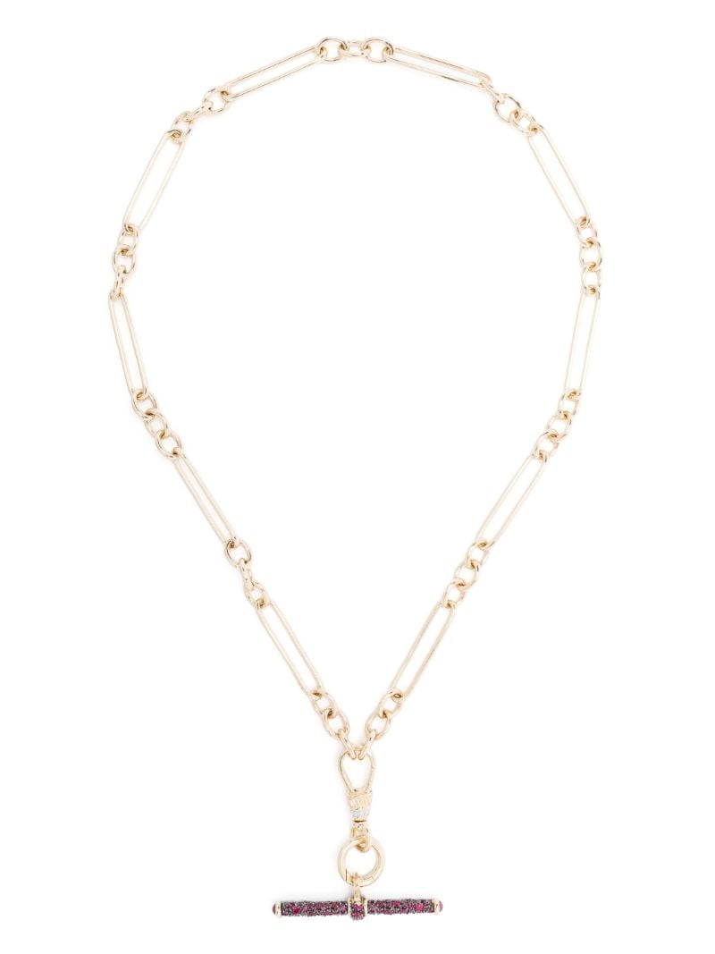14k Yellow Gold Trumbone Ruby Diamond Pendant Necklace