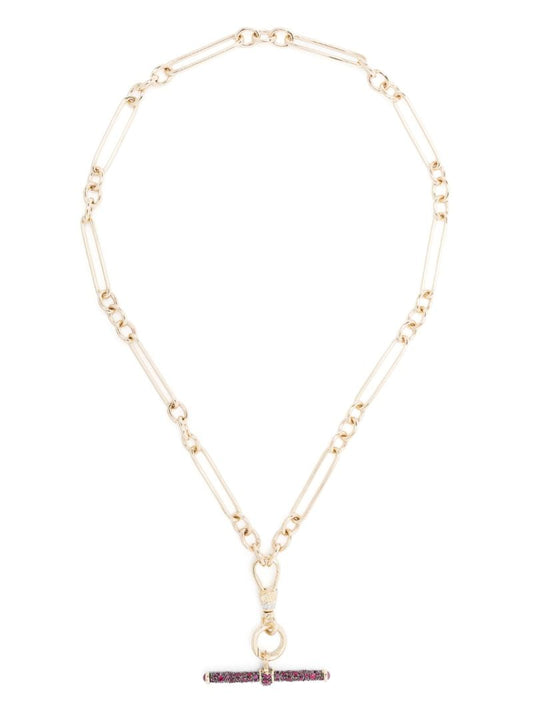 14k Yellow Gold Trumbone Ruby Diamond Pendant Necklace