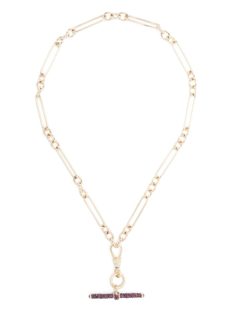 14k Yellow Gold Trumbone Ruby Diamond Pendant Necklace