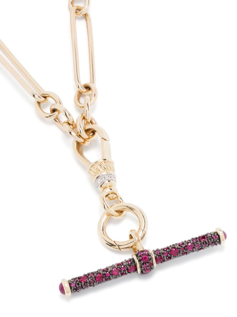 14k Yellow Gold Trumbone Ruby Diamond Pendant Necklace