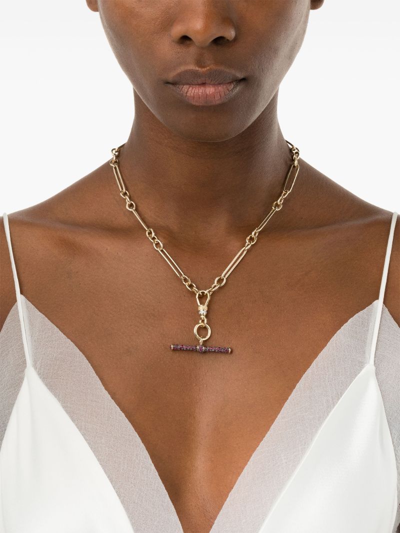 14k Yellow Gold Trumbone Ruby Diamond Pendant Necklace