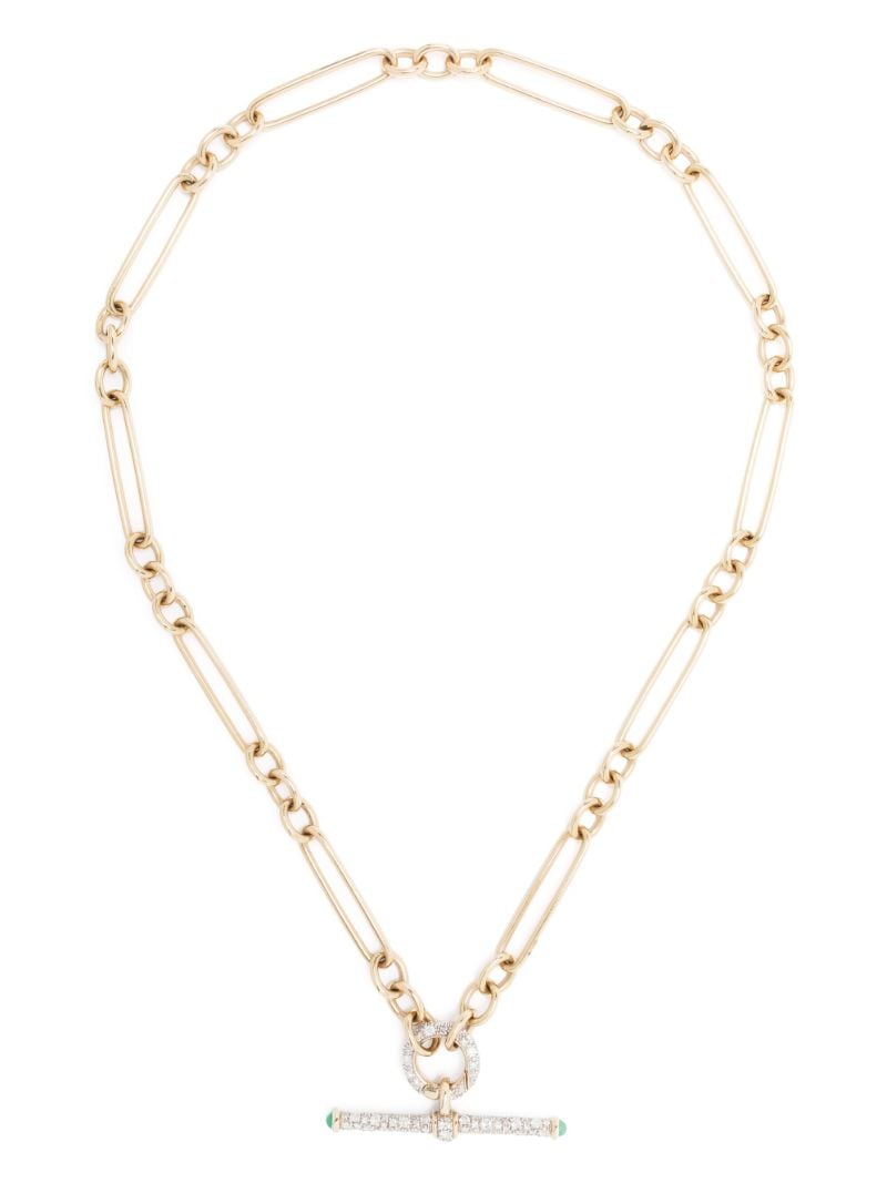 14k Yellow Gold Trumbone Diamond Emerald Pendant Necklace