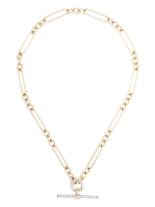 14k Yellow Gold Trumbone Diamond Emerald Pendant Necklace