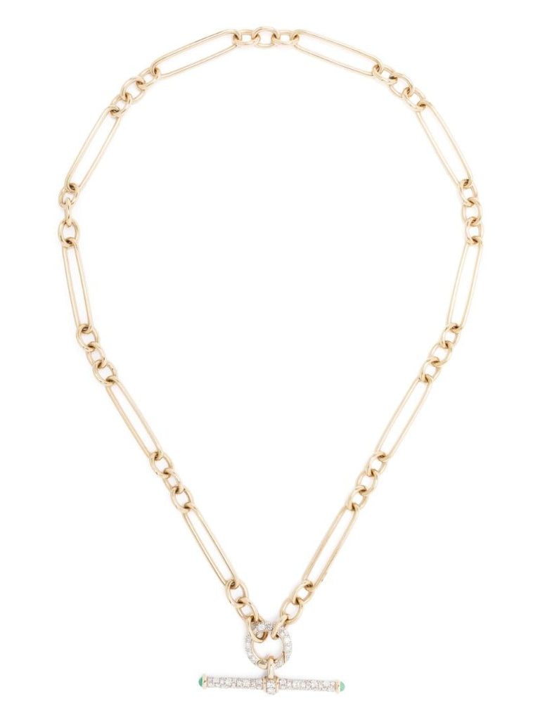 14k Yellow Gold Trumbone Diamond Emerald Pendant Necklace