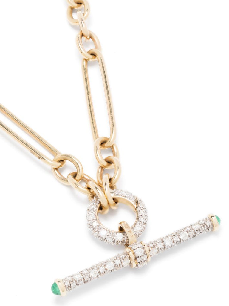 14k Yellow Gold Trumbone Diamond Emerald Pendant Necklace