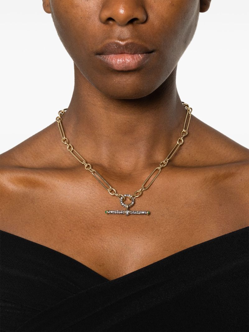 14k Yellow Gold Trumbone Diamond Emerald Pendant Necklace