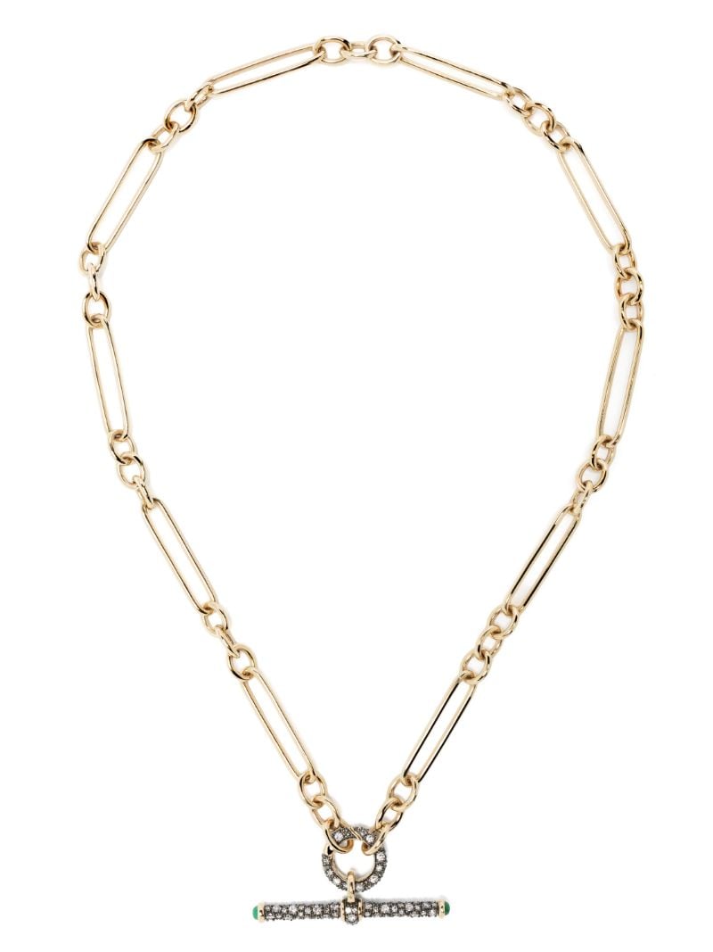 14k Yellow Gold Trumbone Diamond Emerald Pendant Necklace