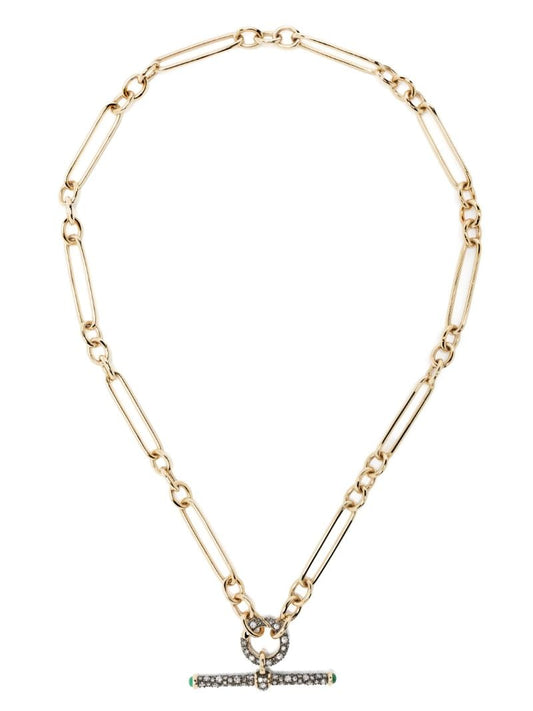 14k Yellow Gold Trumbone Diamond Emerald Pendant Necklace