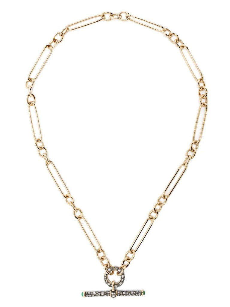 14k Yellow Gold Trumbone Diamond Emerald Pendant Necklace