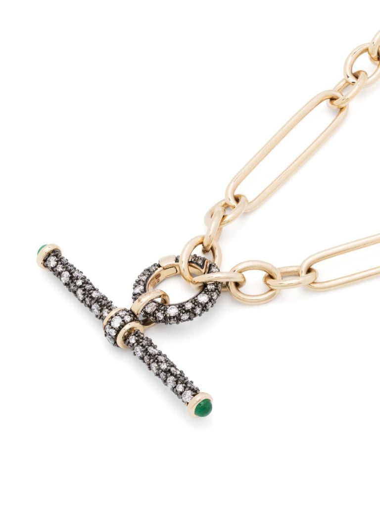 14k Yellow Gold Trumbone Diamond Emerald Pendant Necklace