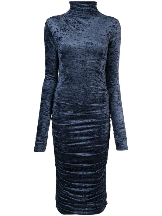 Blue Ruched Velvet Midi Dress