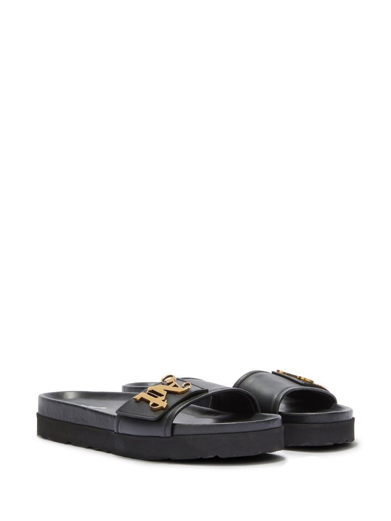 Black Monogram Plaque Leather Slides