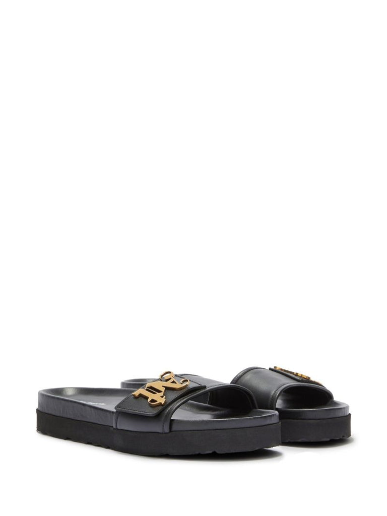 Black Monogram Plaque Leather Slides
